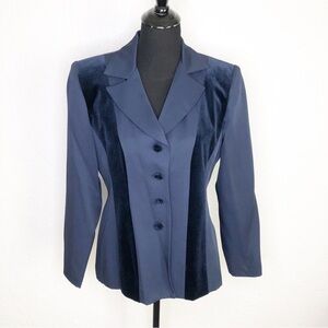 Hugo Buscati navy blue velvet trim button front blazer size 10 Petite 10P
